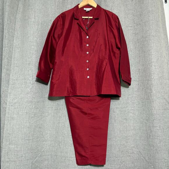 Silk Land 2 Piece Pant Suit Women XL Red 100% Silk Embroidered Floral - Picture 1 of 10